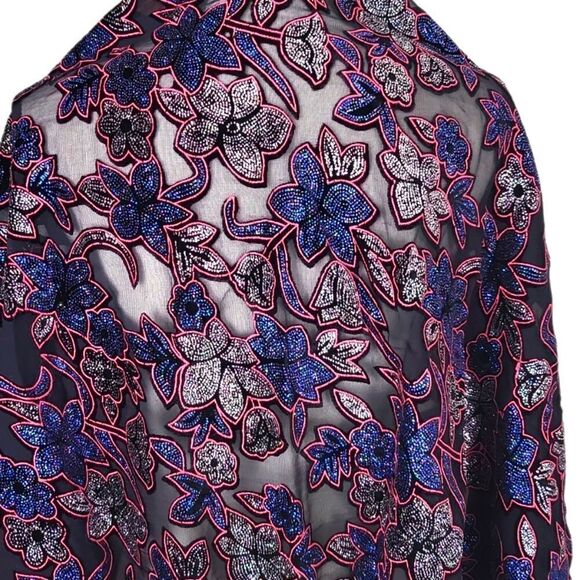 Weixinfushi Black Silk Embroidered Velvet Sequined Floral Fringe Shawl Scarf NWT - Picture 6 of 7